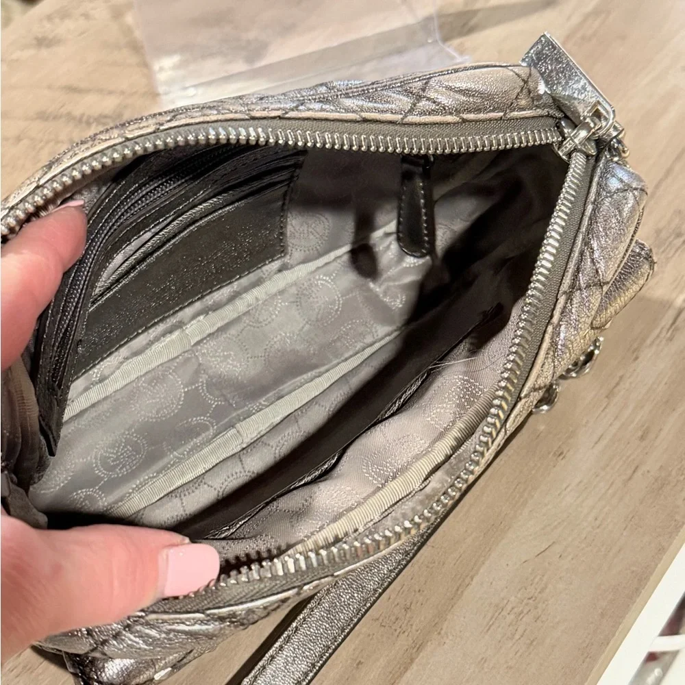 Michael Kors Kim Studded Quilted Gray Leather Messenger Crossbody Bag - Picture 12 of 13